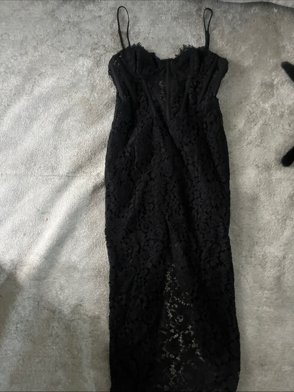 Bardot Black Lace Midi Dress with Spaghetti Straps